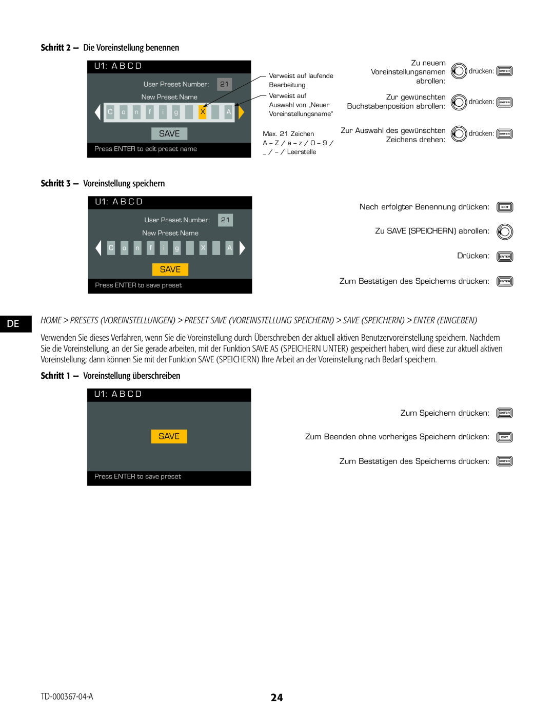 QSC Audio CXD4.2, CXD4.5, CXD4.3 manual U1 A B C D, Schritt 1 - Voreinstellung überschreiben, Press ENTER to edit preset name 