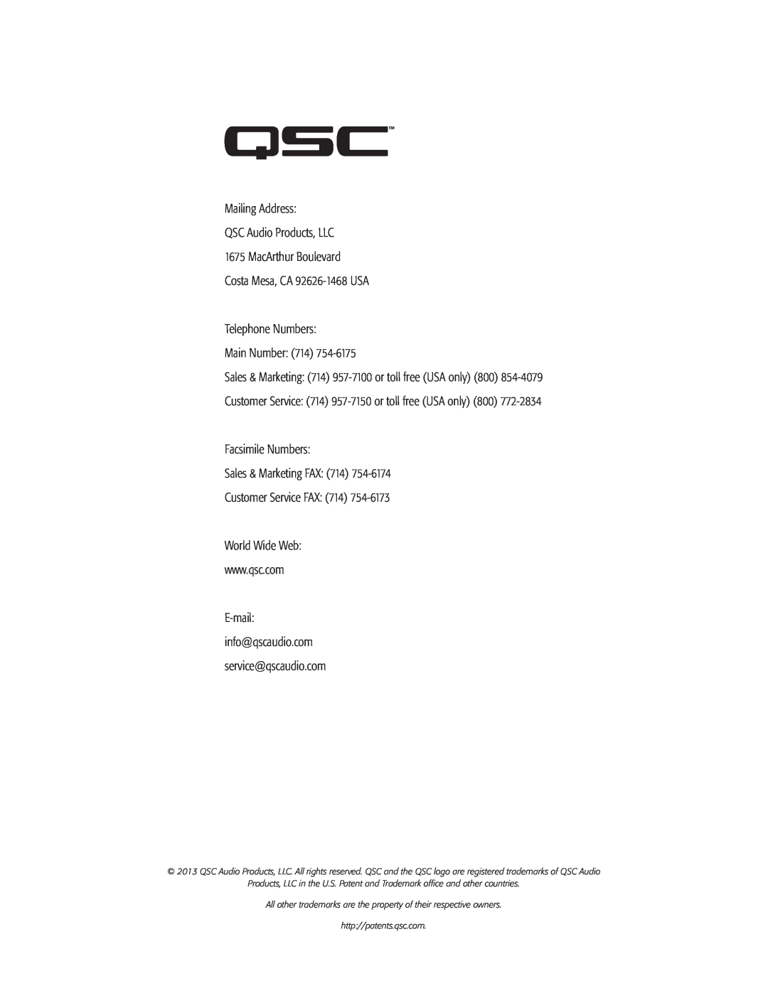QSC Audio CXD4.2, CXD4.5, CXD4.3 manual Mailing Address QSC Audio Products, LLC 1675 MacArthur Boulevard 