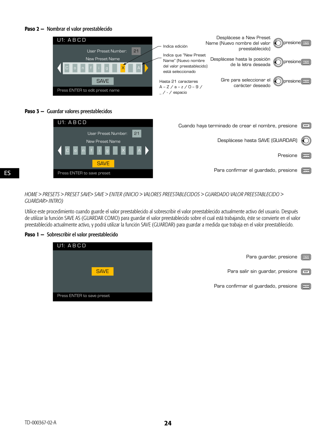 QSC Audio CXD4.2, CXD4.5, CXD4.3 manual U1 A B C D, Save, Press ENTER to edit preset name, Press ENTER to save preset 