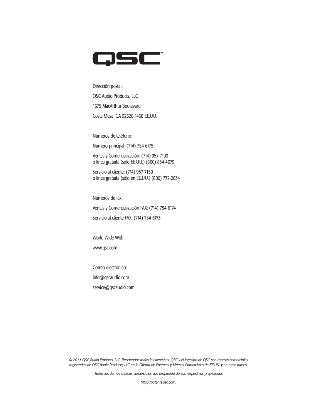 QSC Audio CXD4.2, CXD4.5, CXD4.3 manual Dirección postal QSC Audio Products, LLC 1675 MacArthur Boulevard 