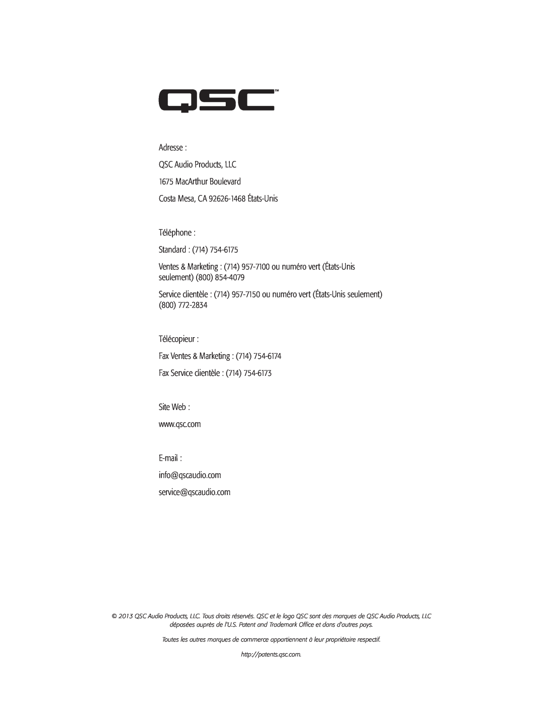 QSC Audio CXD4.2, CXD4.5, CXD4.3 manual Adresse QSC Audio Products, LLC 1675 MacArthur Boulevard 
