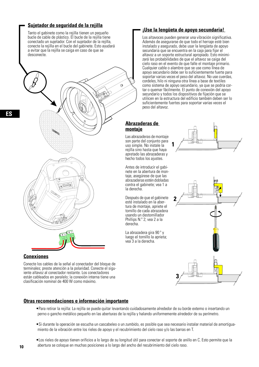 QSC Audio D-CI52T, AD-CI52ST Sujetador de seguridad de la rejilla, Conexiones, ¡Use la lengüeta de apoyo secundaria 