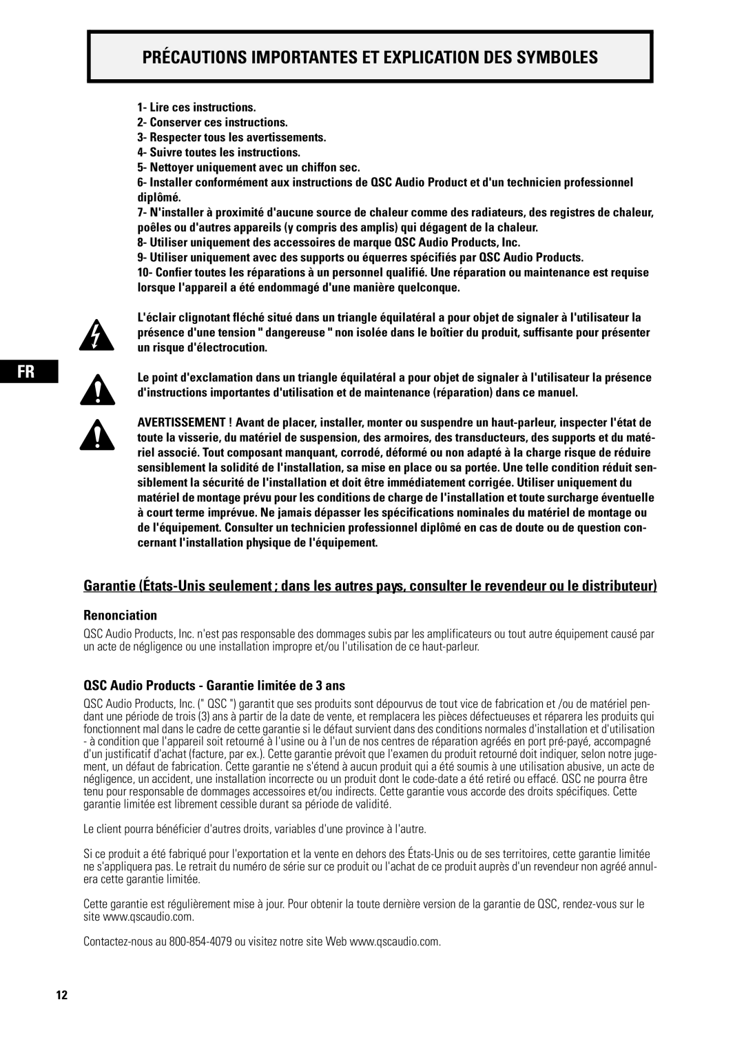 QSC Audio D-CI52T Précautions Importantes ET Explication DES Symboles, QSC Audio Products Garantie limitée de 3 ans 