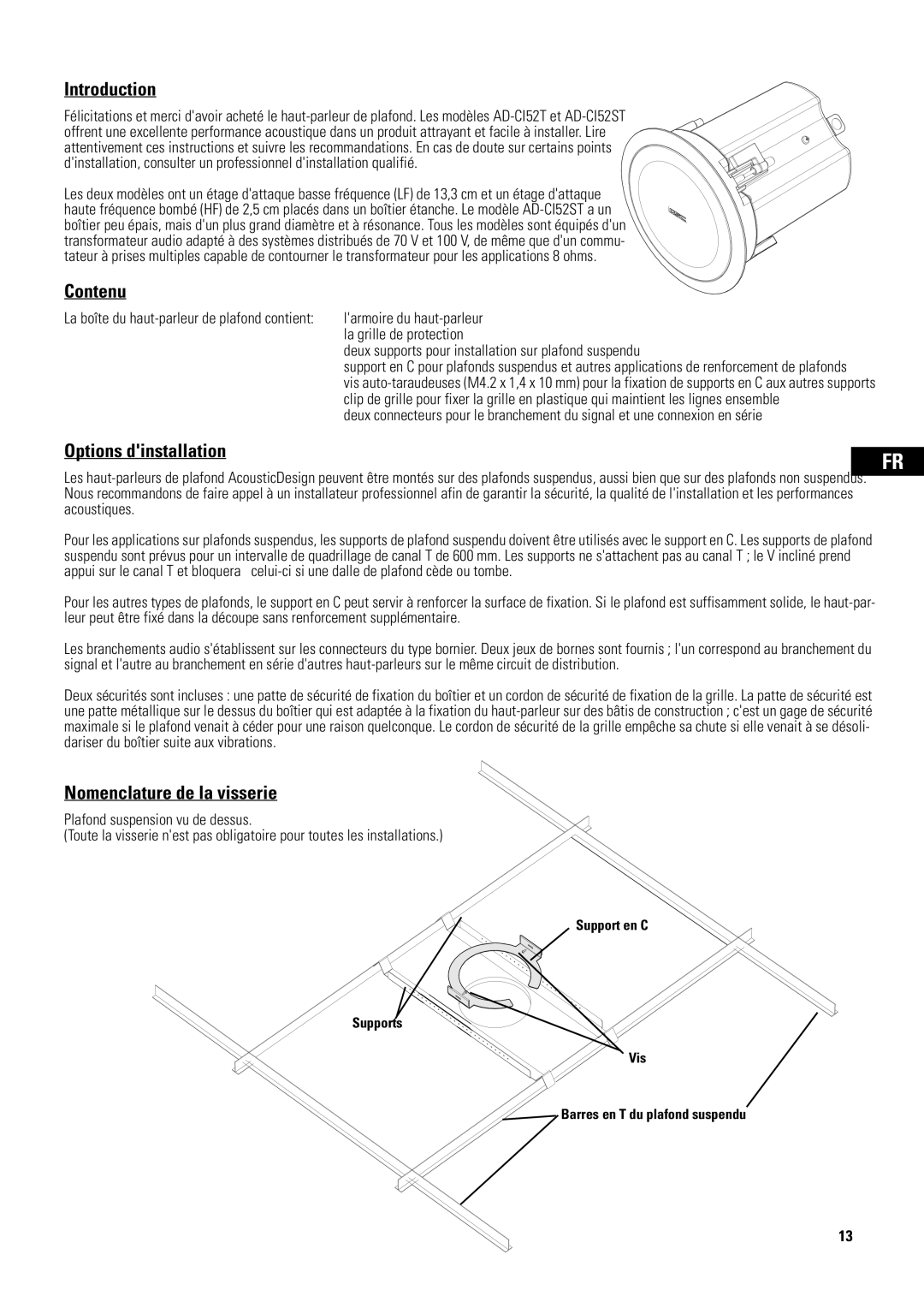 QSC Audio AD-CI52ST, D-CI52T user manual Contenu, Options dinstallation, Nomenclature de la visserie 