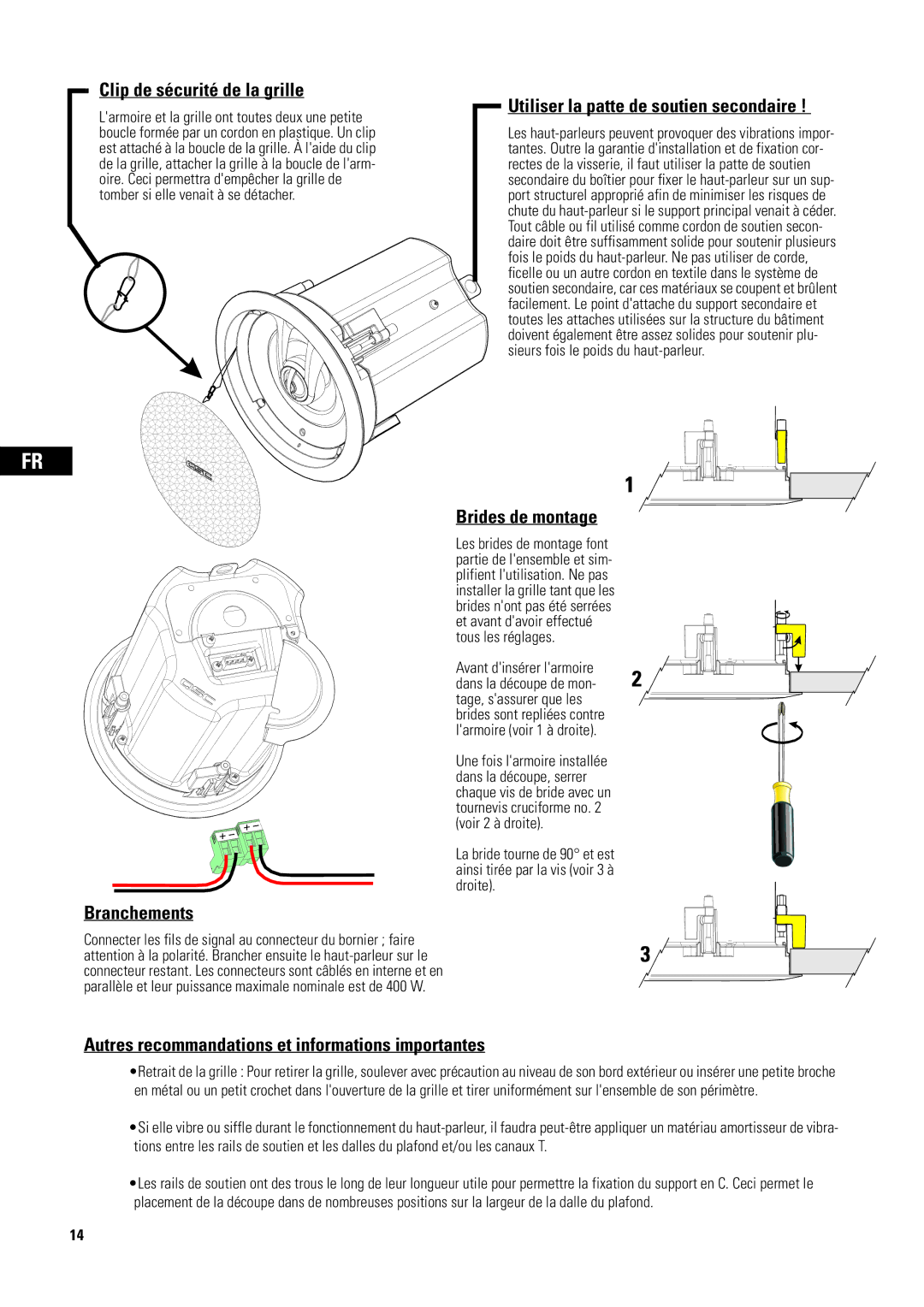 QSC Audio D-CI52T Clip de sécurité de la grille, Utiliser la patte de soutien secondaire, Branchements, Brides de montage 