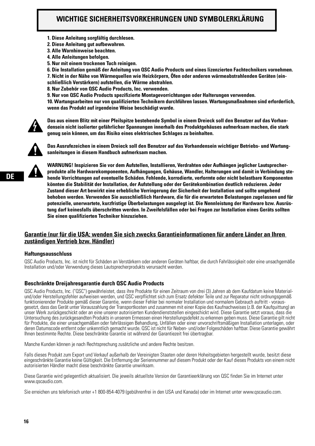 QSC Audio D-CI52T, AD-CI52ST user manual Haftungsausschluss, Beschränkte Dreijahresgarantie durch QSC Audio Products 