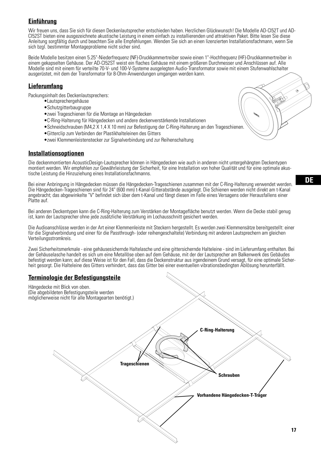 QSC Audio AD-CI52ST, D-CI52T user manual Einführung, Lieferumfang, Installationsoptionen, Terminologie der Befestigungsteile 