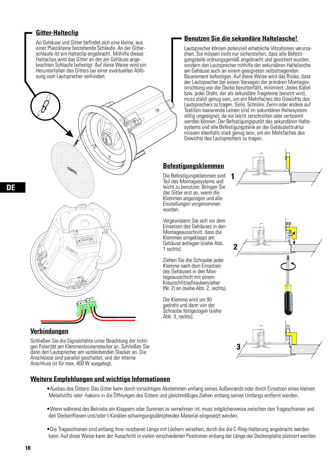 QSC Audio D-CI52T, AD-CI52ST Gitter-Halteclip, Benutzen Sie die sekundäre Haltelasche, Verbindungen, Befestigungsklemmen 