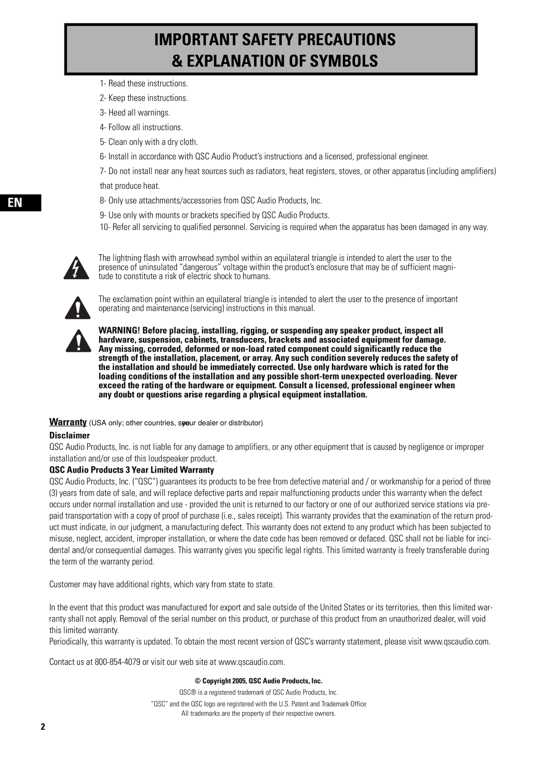 QSC Audio D-CI52T, AD-CI52ST user manual Important Safety Precautions Explanation of Symbols 