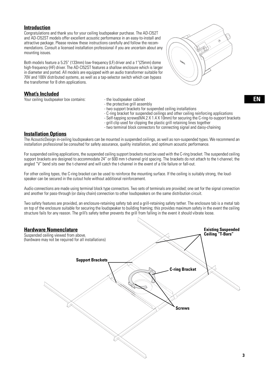 QSC Audio AD-CI52ST, D-CI52T user manual Introduction, What’s Included, Installation Options, Hardware Nomenclature 