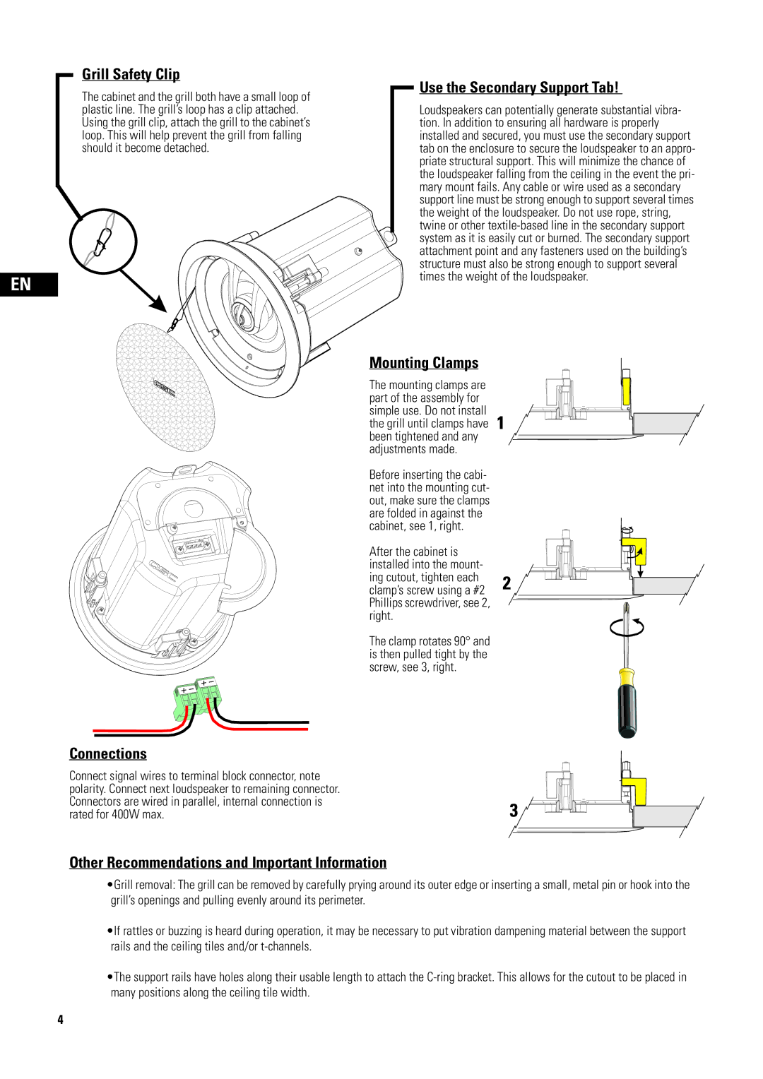 QSC Audio D-CI52T, AD-CI52ST user manual Grill Safety Clip, Use the Secondary Support Tab, Mounting Clamps, Connections 