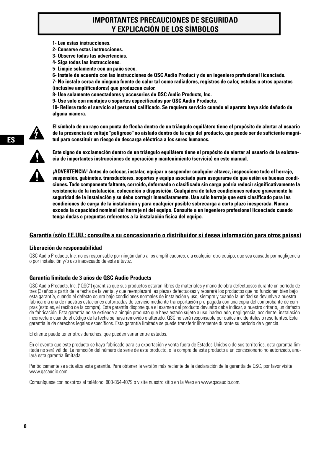 QSC Audio D-CI52T, AD-CI52ST user manual Liberación de responsabilidad, Garantía limitada de 3 años de QSC Audio Products 