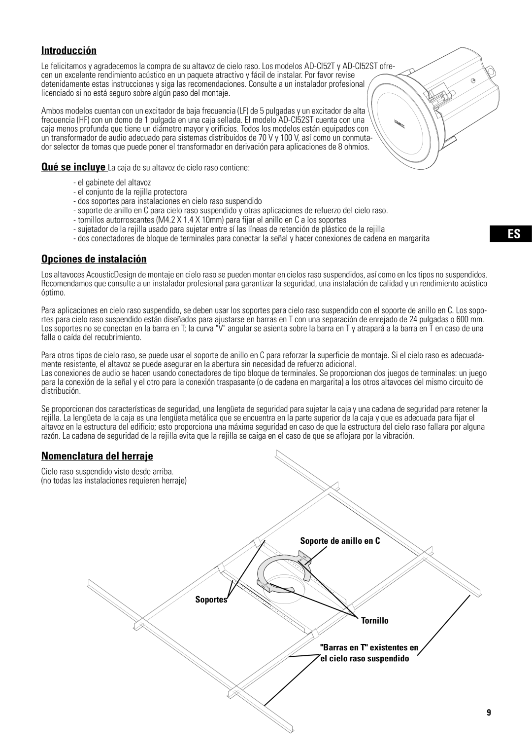 QSC Audio AD-CI52ST, D-CI52T user manual Introducción, Opciones de instalación, Nomenclatura del herraje 