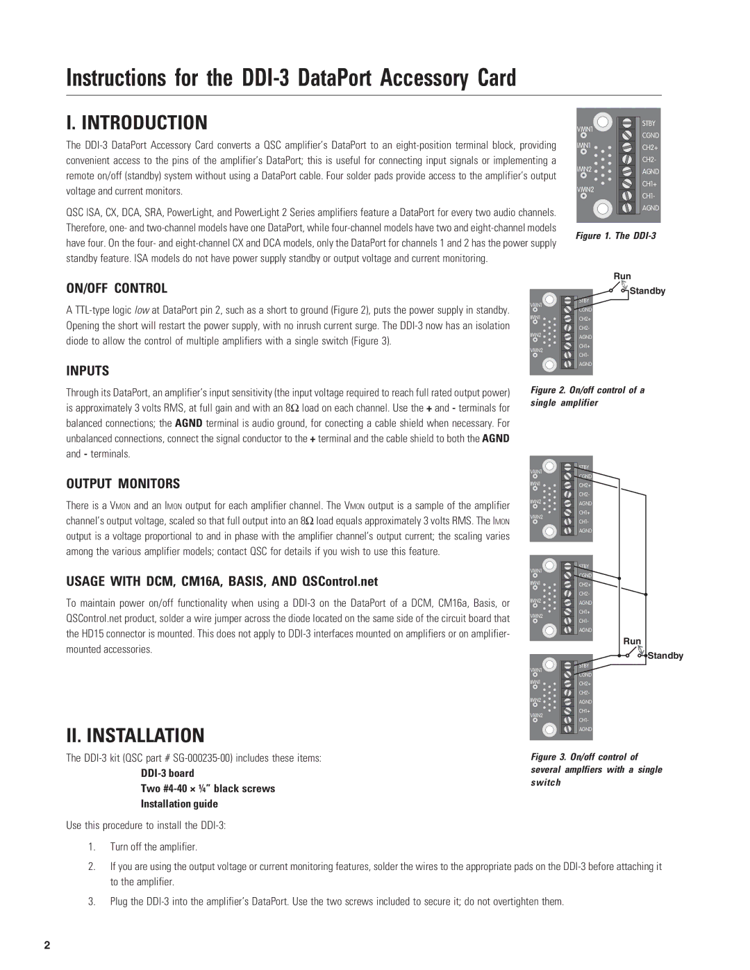 QSC Audio Data Port Access Card DDI-3 manual ON/OFF Control, Inputs, Output Monitors 