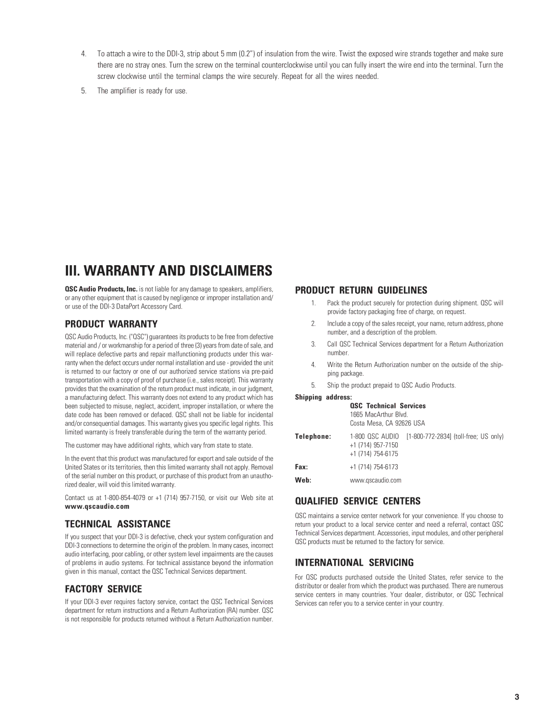 QSC Audio Data Port Access Card DDI-3 Product Warranty, Technical Assistance, Factory Service, Product Return Guidelines 