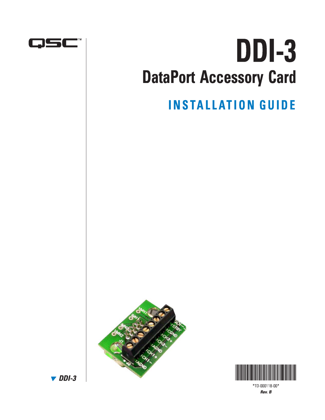 QSC Audio Data Port Access Card DDI-3 manual DataPort Accessory Card, TD-000118-00, I N S Ta L L At I O N G U I D E 