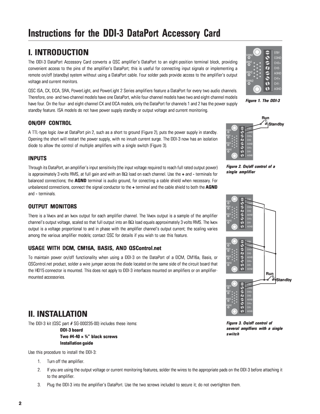 QSC Audio Data Port Access Card DDI-3 manual On/Off Control, Inputs, Output Monitors, I. Introduction, Ii. Installation 