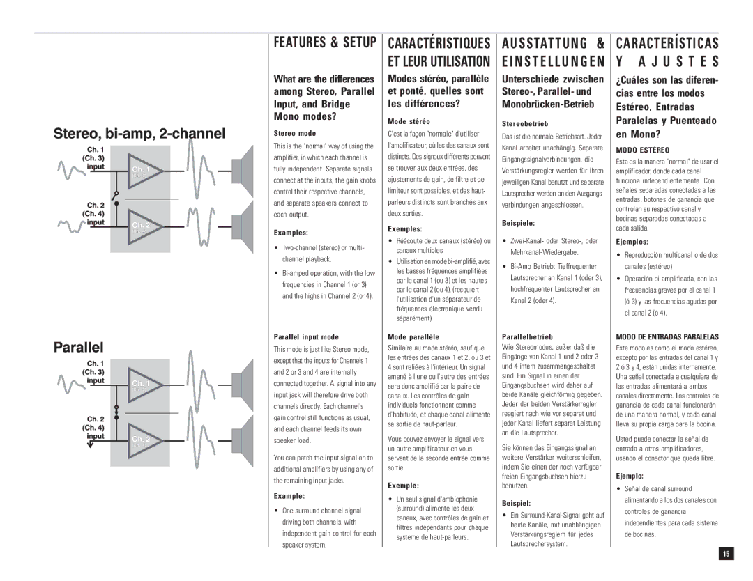 QSC Audio DCA 1644 Stereo mode, Examples, Parallel input mode, Mode stéréo, Exemples, Mode parallèle, Stereobetrieb 