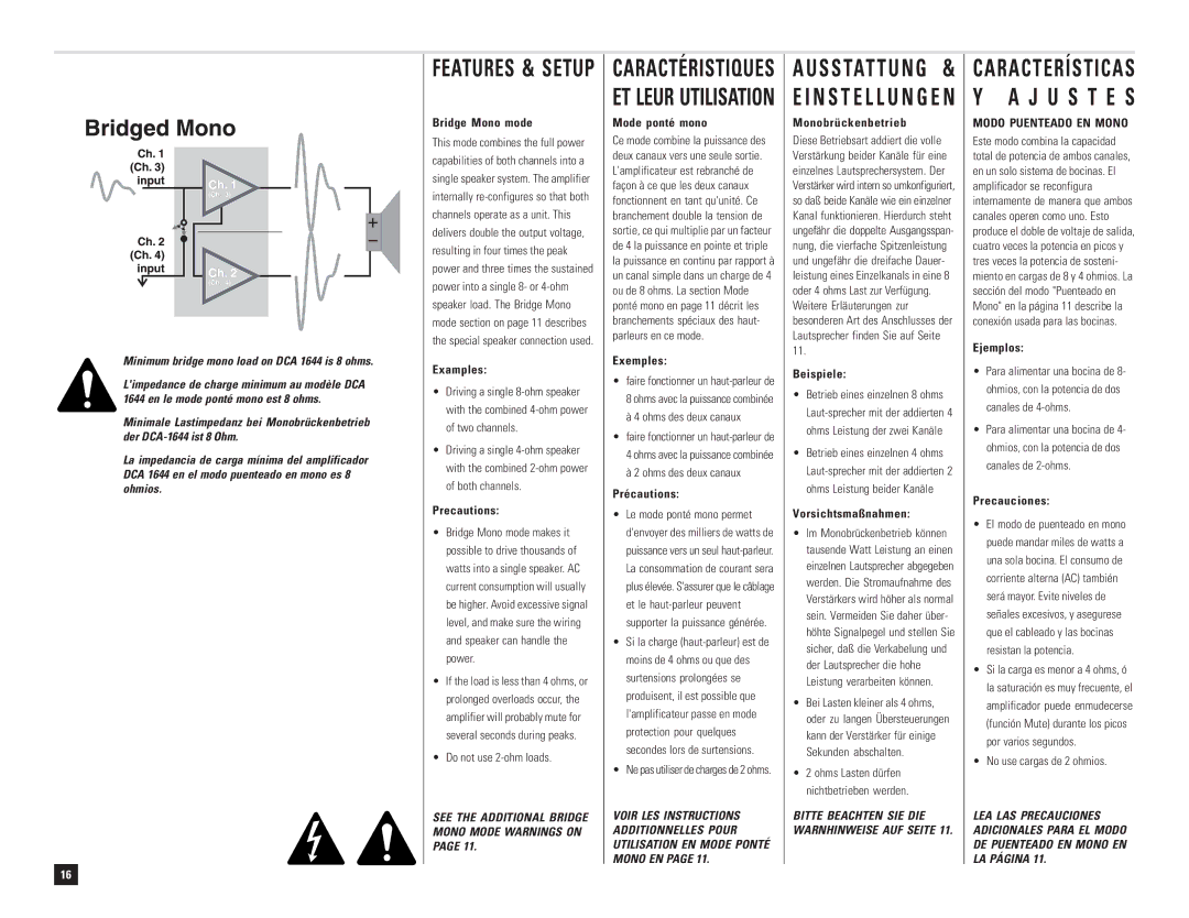 QSC Audio DCA 1824 Bridge Mono mode, Precautions, Mode ponté mono, Précautions, Monobrückenbetrieb, Vorsichtsmaßnahmen 