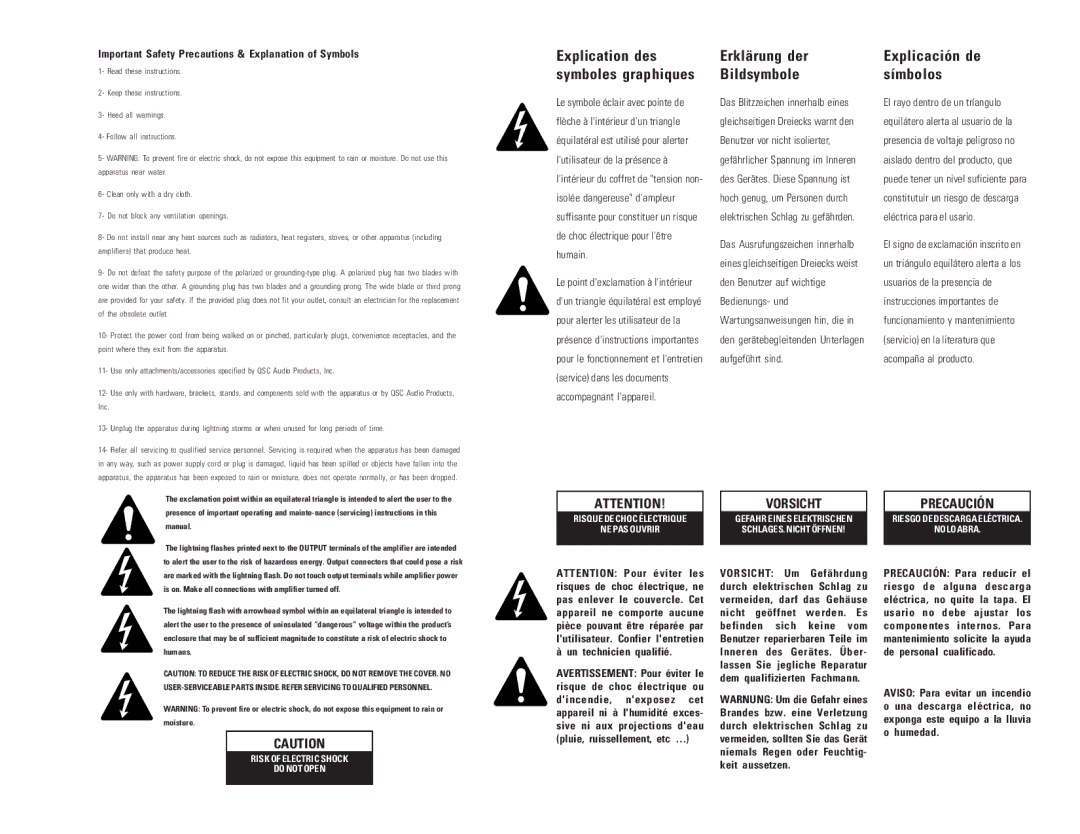 QSC Audio DCA 1824, DCA 1222 Explication des, Symboles graphiques Bildsymbole Explicación de símbolos, Erklärung der 