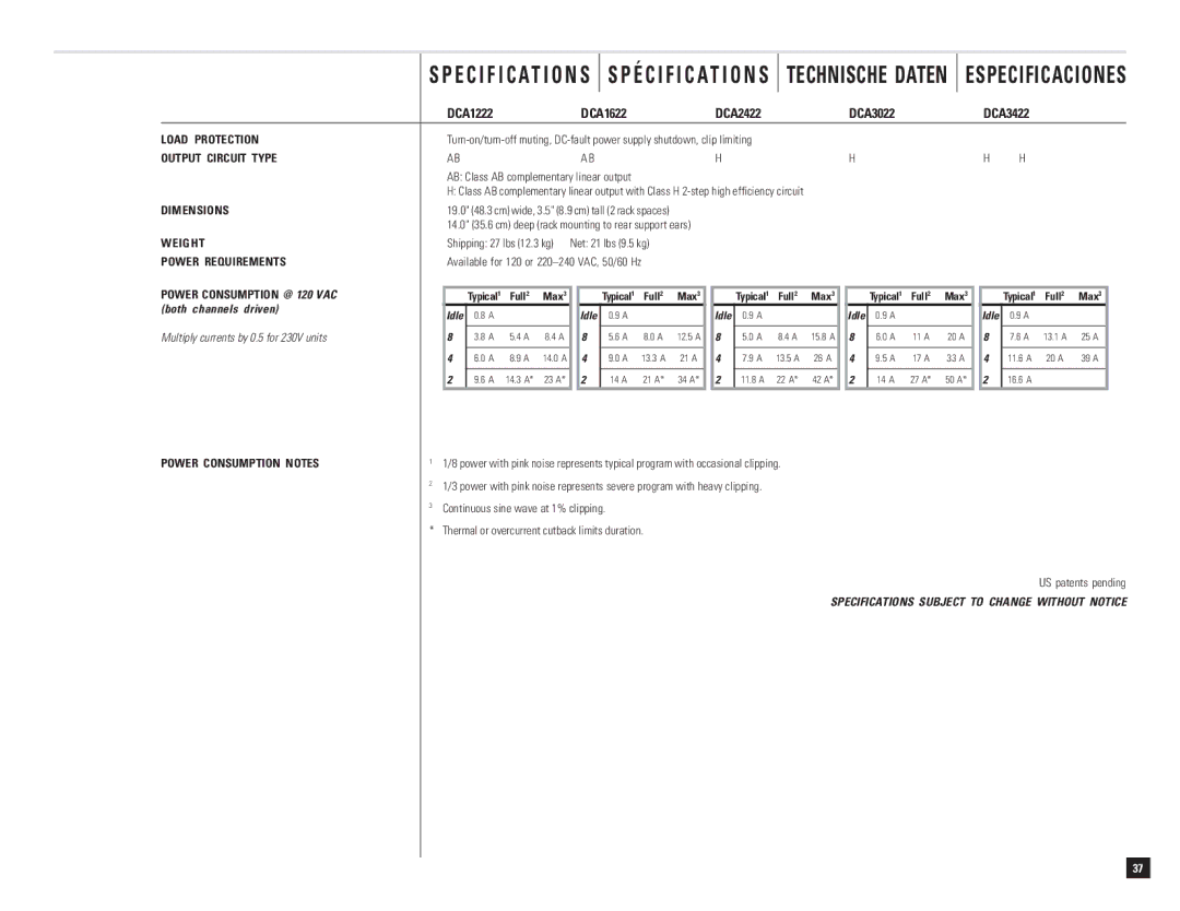 QSC Audio DCA 1824 Net 21 lbs 9.5 kg, Both channels driven, Continuous sine wave at 1% clipping, US patents pending 