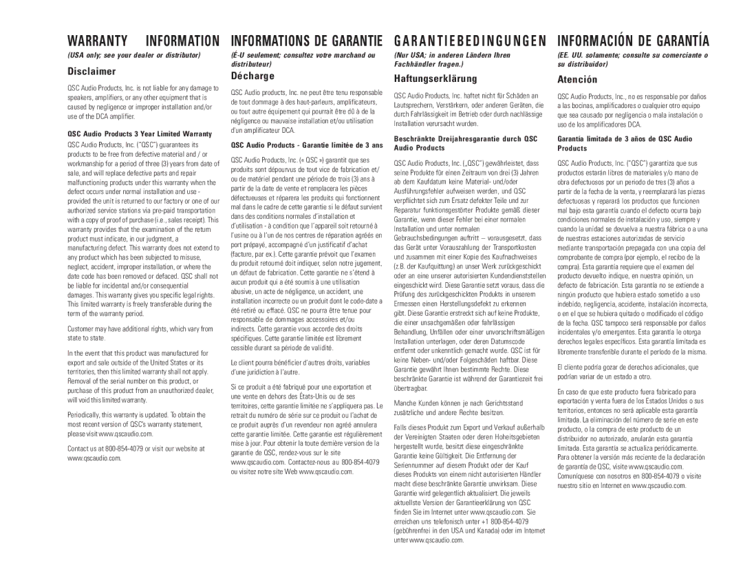QSC Audio DCA 2422, DCA 1222, DCA 1644, DCA 1824, DCA 1622, DCA 3422, DCA 3022 Warranty Information, Información DE Garantía 