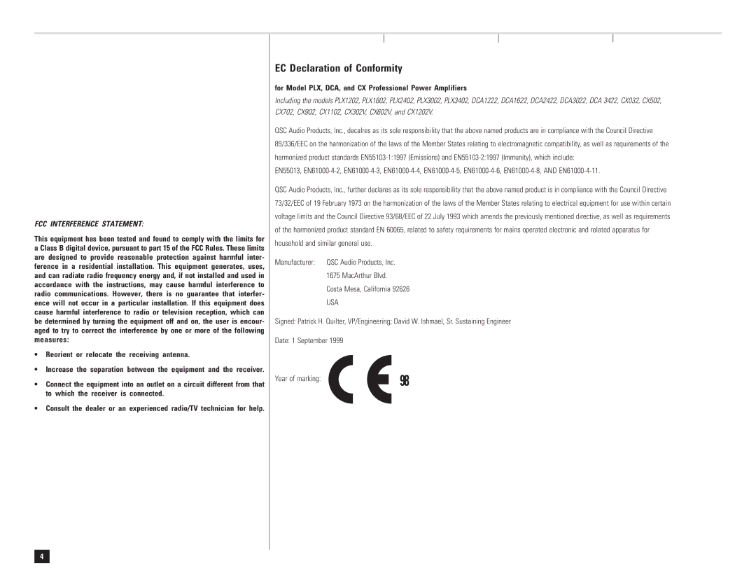 QSC Audio DCA 2422 EC Declaration of Conformity, Reorient or relocate the receiving antenna, Manufacturer, MacArthur Blvd 