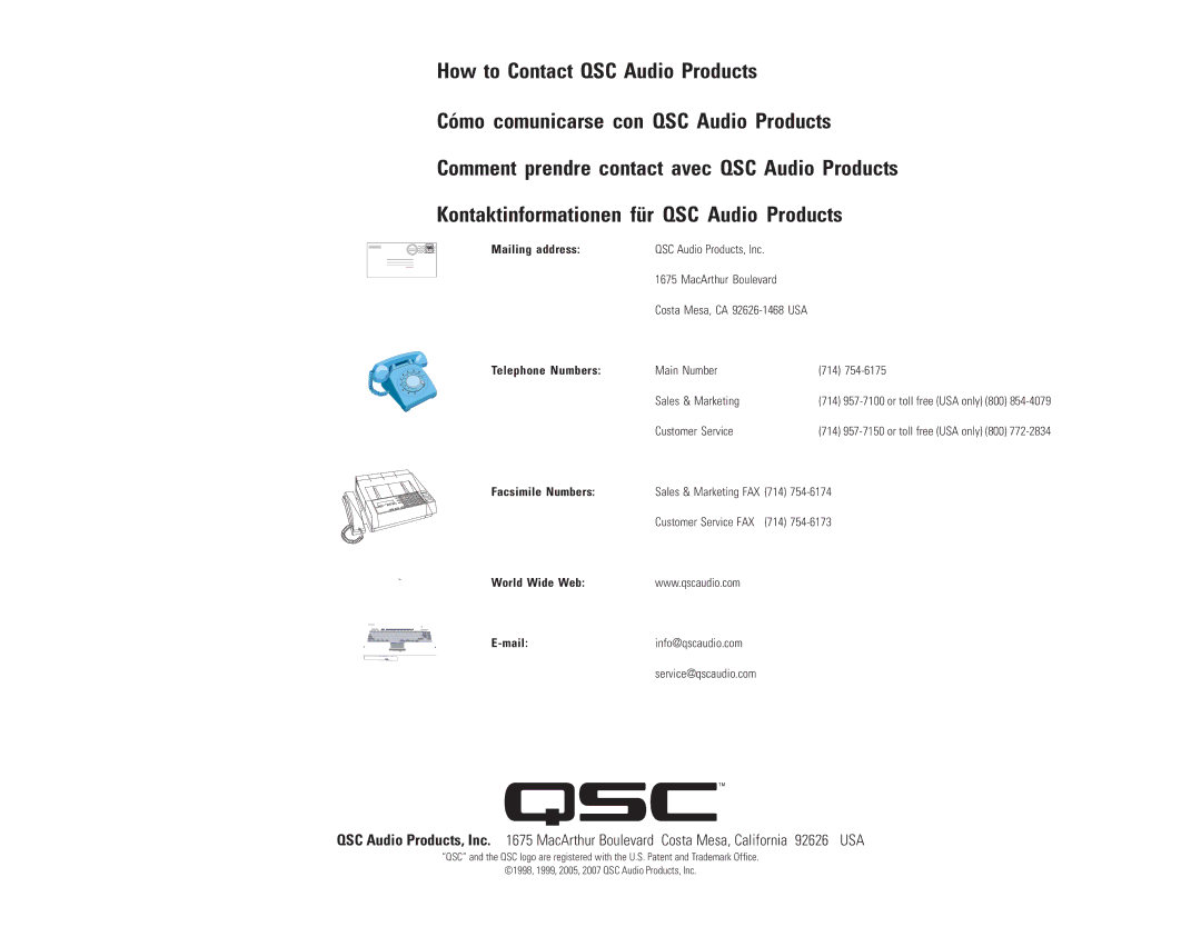 QSC Audio DCA 3422, DCA 1222, DCA 1644, DCA 1824 Mailing address, Telephone Numbers, Facsimile Numbers, World Wide Web Mail 