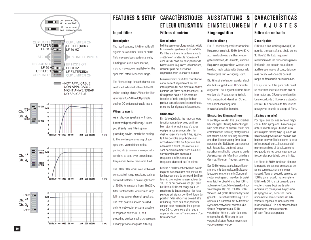 QSC Audio DCA 1222 user manual Input filter, Filtres dentrée, Filtro de entrada, Einsatz des Eingangsfilters 