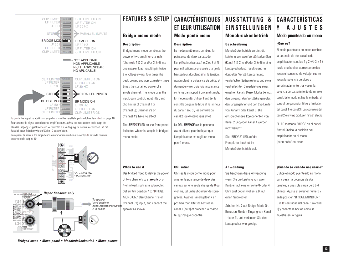 QSC Audio DCA 1222 user manual Bridge mono mode, Mode ponté mono, Monobrückenbetrieb, Modo puenteado en mono 