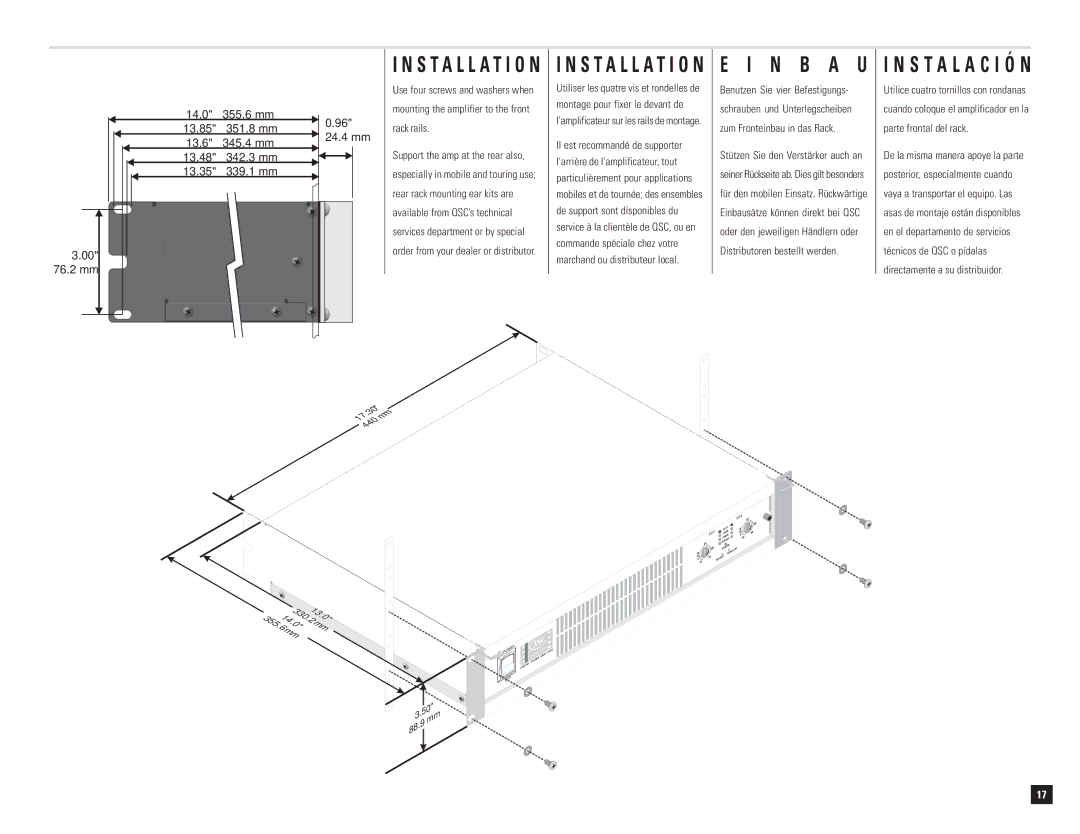 QSC Audio DCA 1222 user manual Rack rails, Larrière de lamplificateur, tout, Rear rack mounting ear kits are 