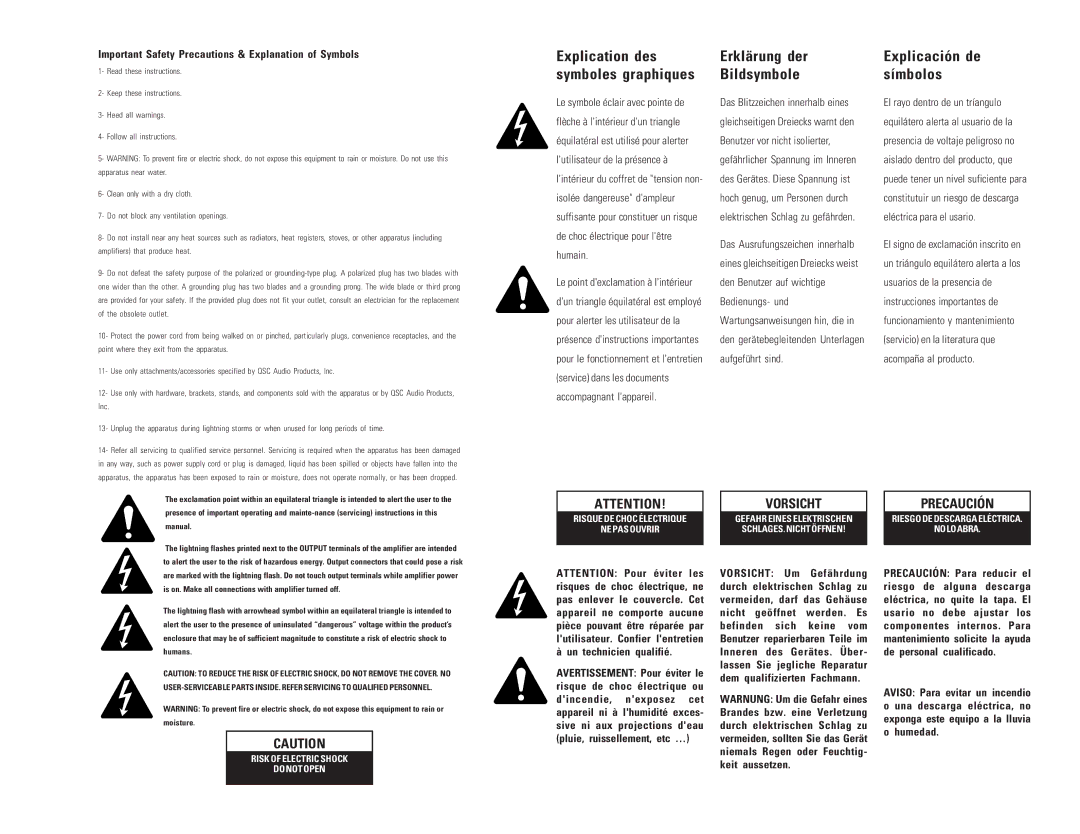 QSC Audio DCA 1222 user manual Explication des, Symboles graphiques Bildsymbole Explicación de símbolos, Erklärung der 