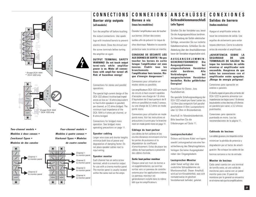 QSC Audio DCA 1222 user manual Barrier strip outputs, Bornes à vis, Salidas de barrera, Schraubklemmanschluß 