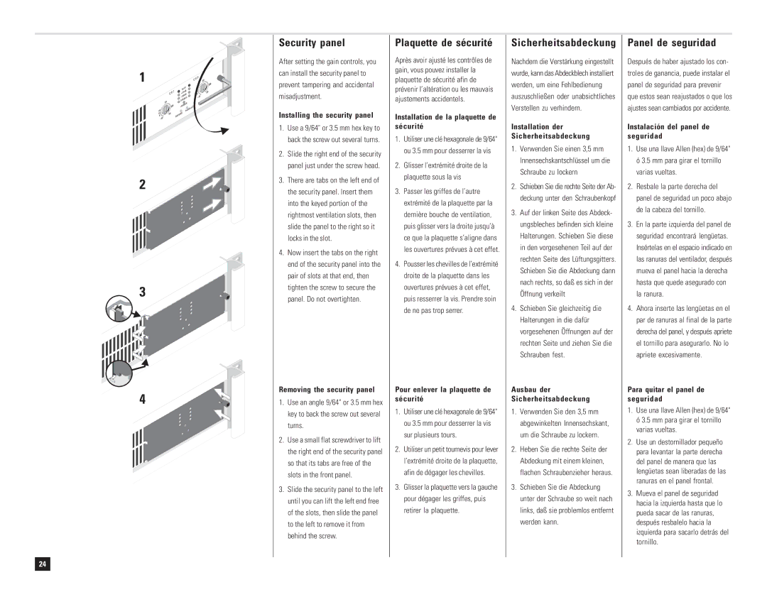 QSC Audio DCA 1222 user manual Security panel, Plaquette de sécurité, Sicherheitsabdeckung, Panel de seguridad 