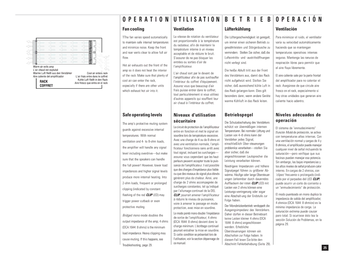 QSC Audio DCA 1222 user manual Fan cooling, Safe operating levels, Ventilation, Lüfterkühlung, Betriebspegel, Ventilación 