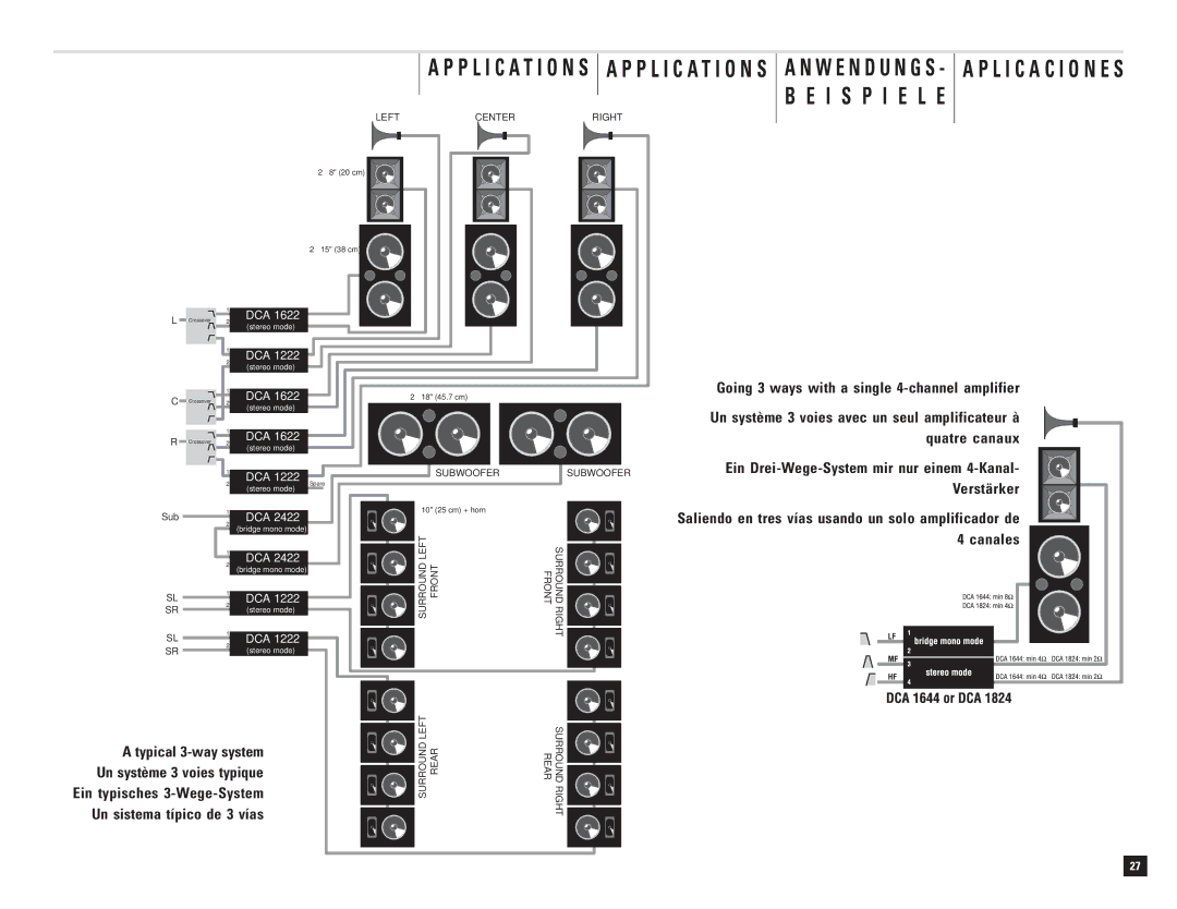 QSC Audio DCA 1222 user manual P L I C a T I O N S a P P L I C a T I O N S, Going 3 ways with a single 4-channel amplifier 