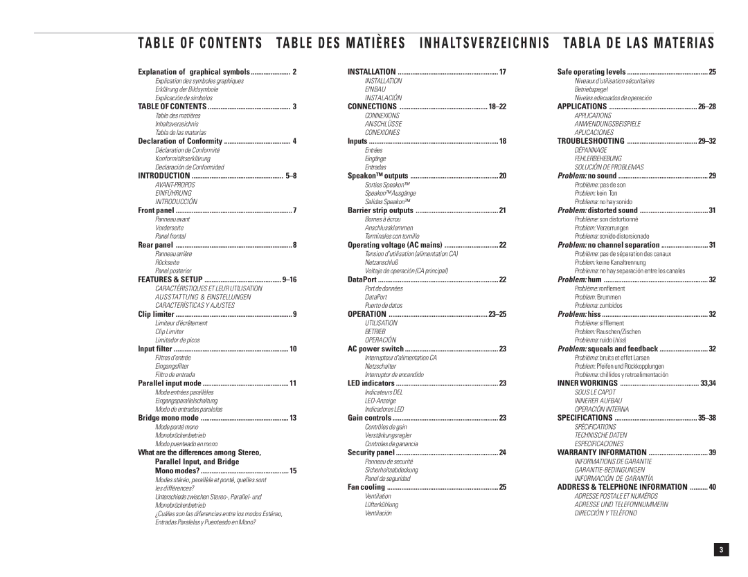 QSC Audio DCA 1222 user manual Tabla DE LAS Materias, Table of Contents Table DES Matières Inhaltsverzeichnis 