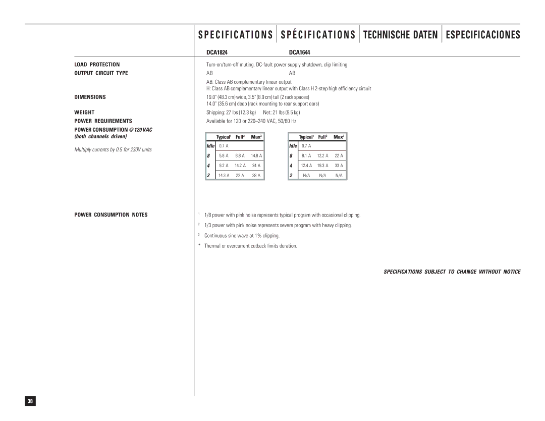 QSC Audio DCA 1222 user manual DCA1824 DCA1644, Shipping 27 lbs 12.3 kg Net 21 lbs 9.5 kg 