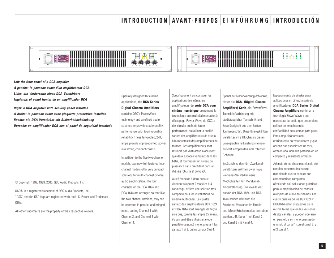 QSC Audio DCA 1222 user manual N F Ü H R U N G T R O D U C C I Ó N, Rechts ein DCA-Verstärker mit Sicherheitsabdeckung 