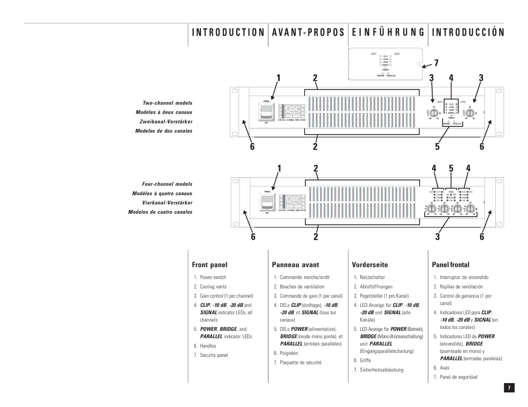 QSC Audio DCA 1222 user manual Front panel, Panneau avant, Vorderseite, Panel frontal 