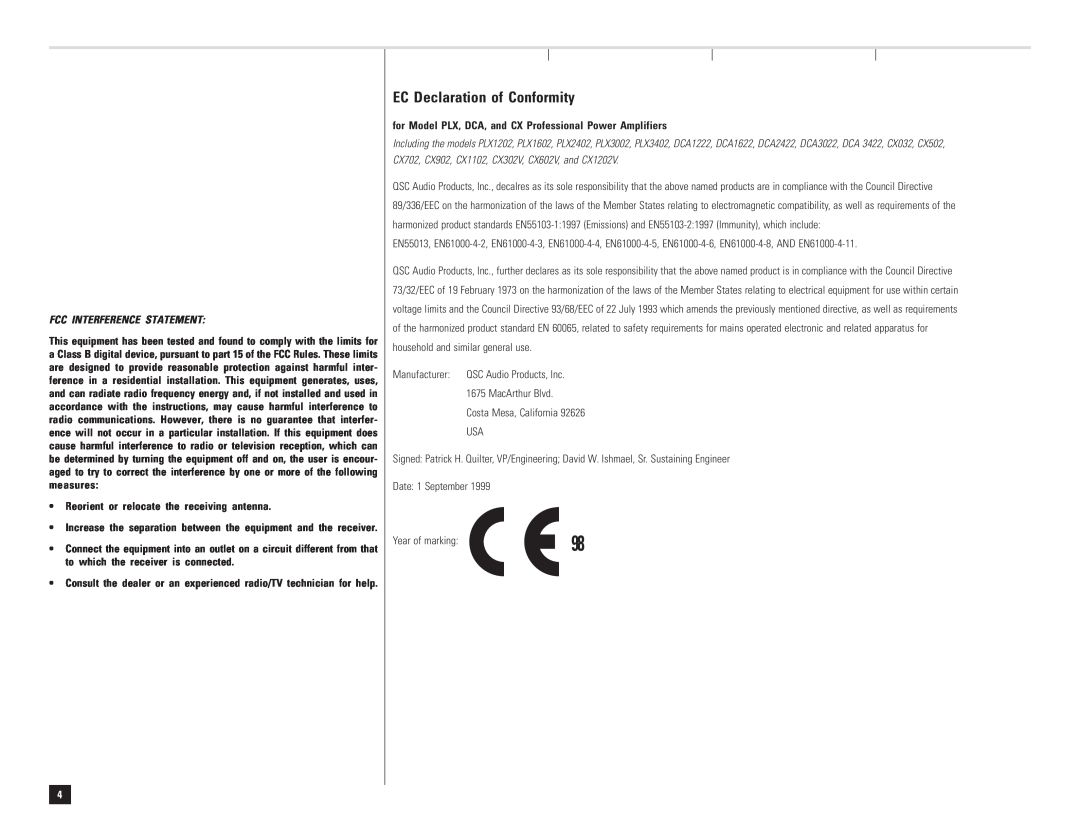QSC Audio DCA 1222 user manual EC Declaration of Conformity, •Reorient or relocate the receiving antenna 