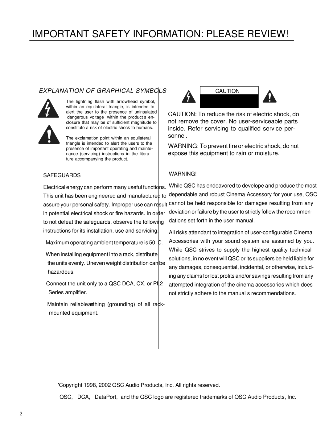 QSC Audio DCA Series user manual Important Safety Information Please Review, Explanation of Graphical Symbols 