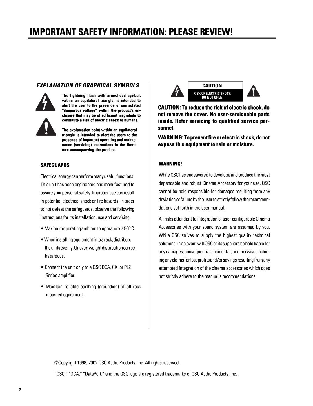 QSC Audio DCA Series user manual Important Safety Information Please Review, Explanation Of Graphical Symbols, Safeguards 