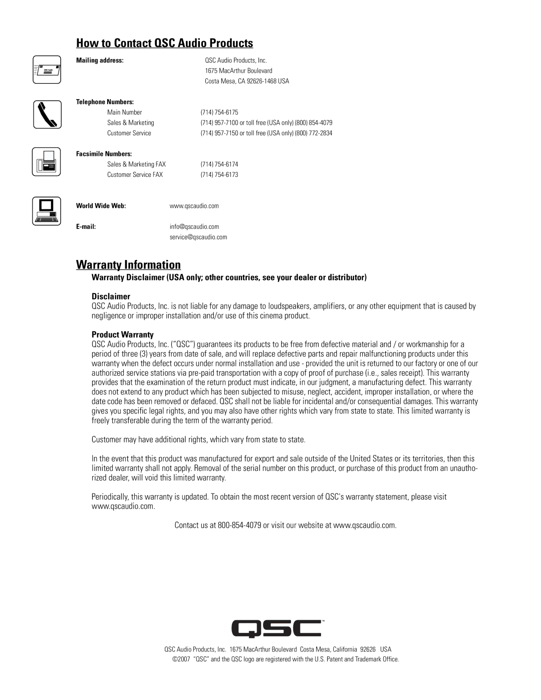 QSC Audio DCM 10D, DCM 30D user manual How to Contact QSC Audio Products, Warranty Information, Product Warranty 