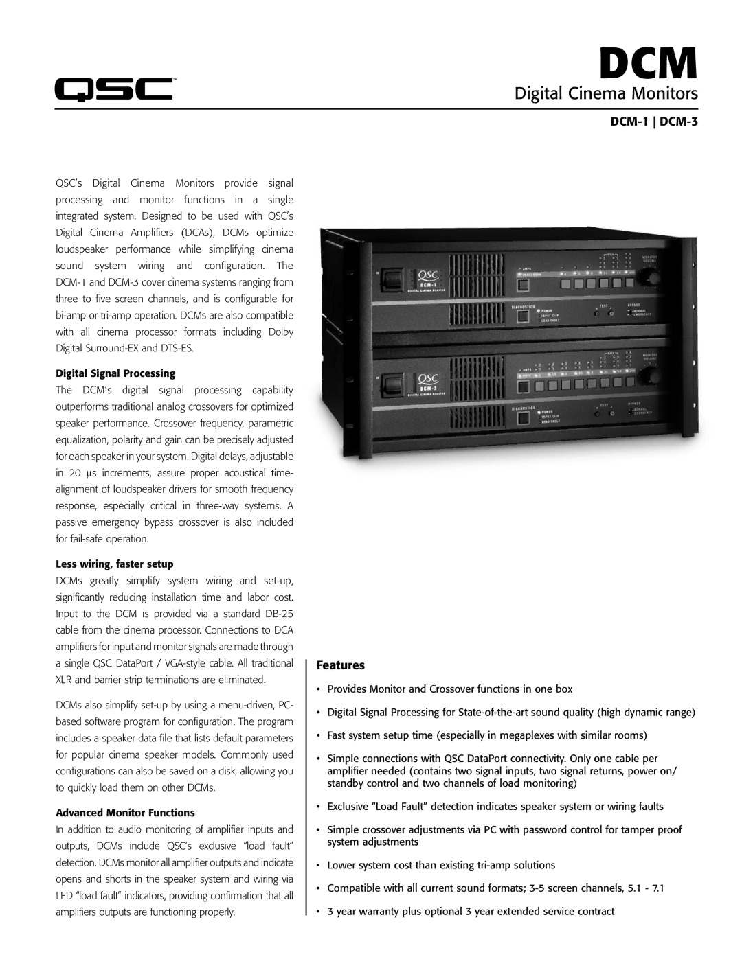 QSC Audio warranty Dcm, Digital Cinema Monitors, DCM-1 DCM-3, Features, Less wiring, faster setup 