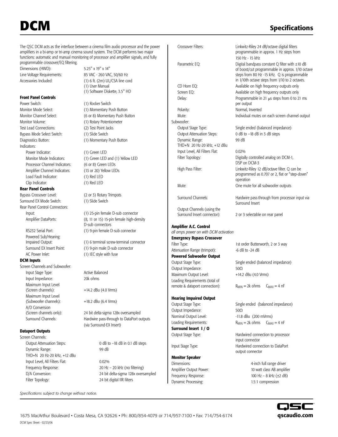 QSC Audio DCM-3, DCM-1 warranty Dcm, Specifications, Qscaudio.com 