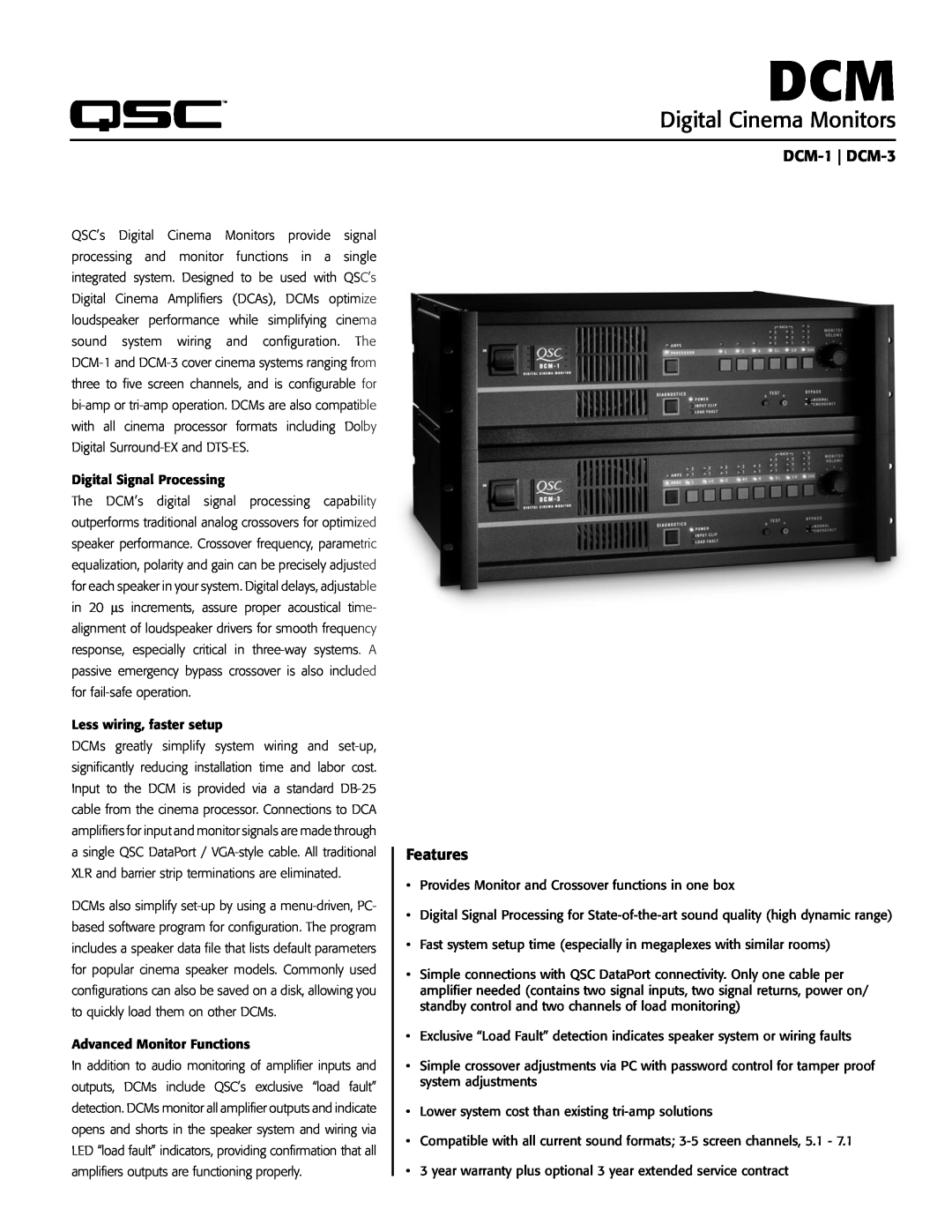 QSC Audio warranty DCM-1 DCM-3, Features, Digital Cinema Monitors 