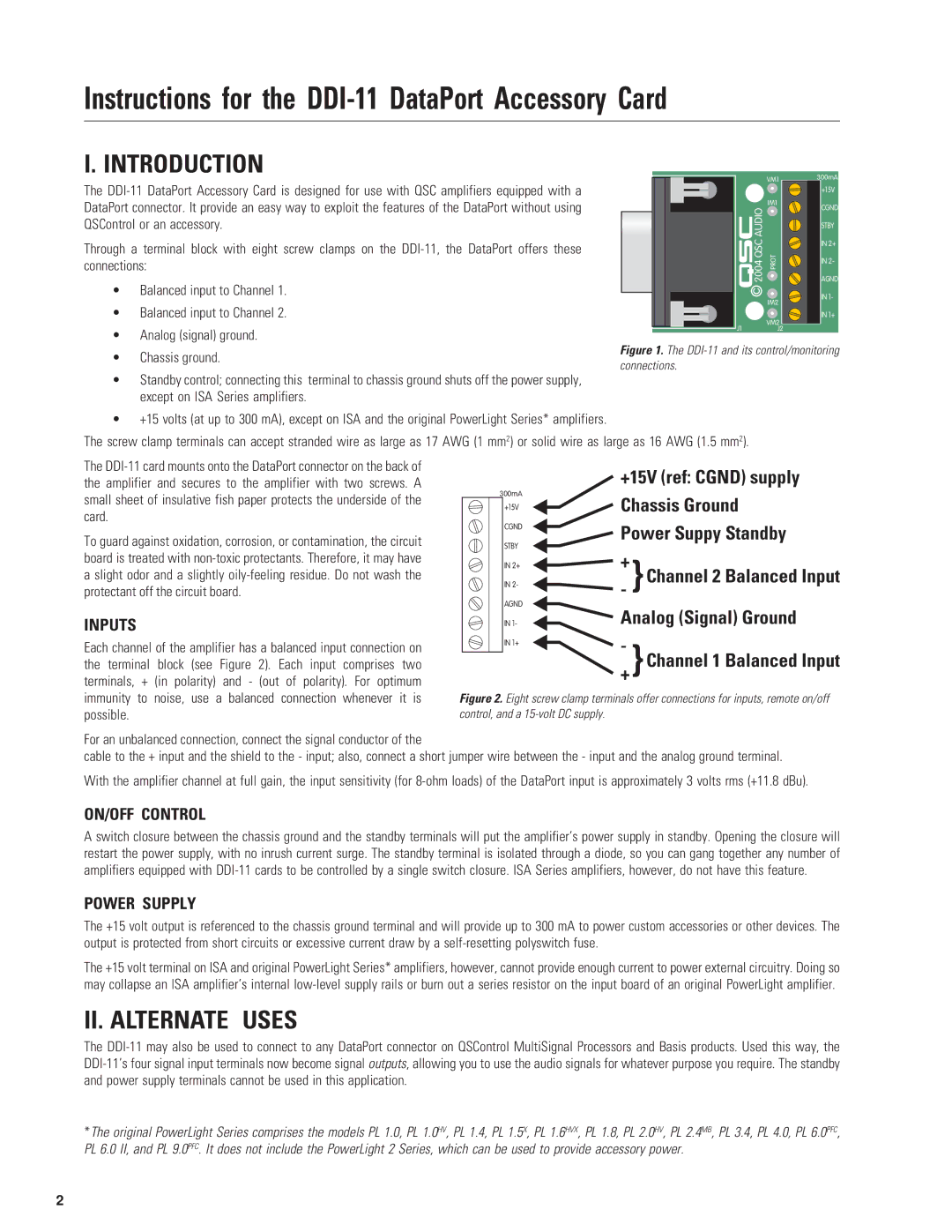 QSC Audio DDI-11 manual Introduction, II. Alternate Uses, Inputs, ON/OFF Control, Power Supply 