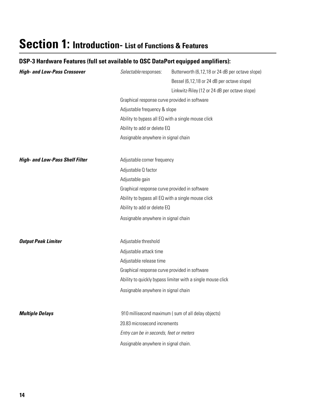 QSC Audio DSP-3 manual Introduction- List of Functions & Features 