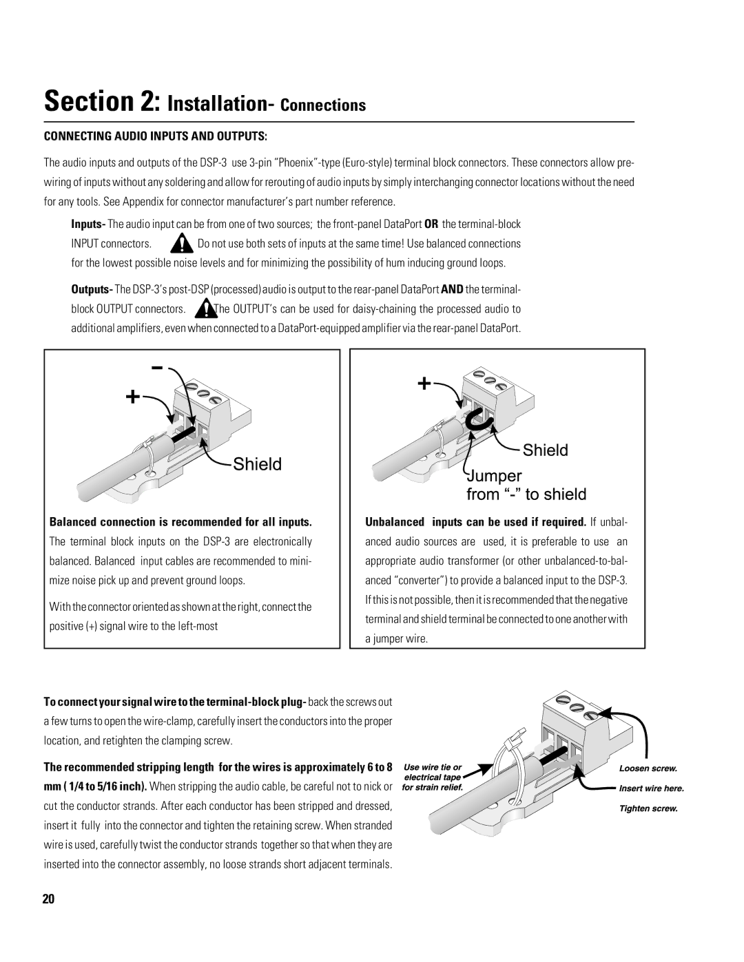 QSC Audio DSP-3 manual Installation- Connections, Balanced connection is recommended for all inputs 